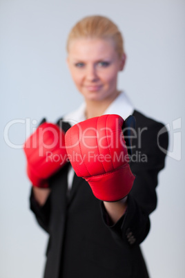 Happy Business woman with Boxing Gloves