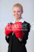 Happy Business woman with Boxing Gloves