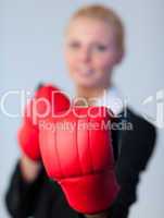 Happy Business woman with Boxing Gloves