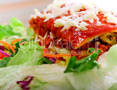 Close up of Lasagana with salad