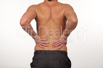 Man with backpain isolated agasint white