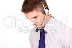 man on a headset looking away from the camera