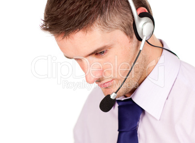 man on a headset looking away from the camera