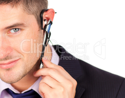 man on headset looking at the camera