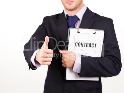 businessman holding out a contract