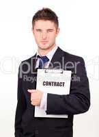 businessman holding out a contract