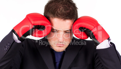 businessman with boxing gloves to his head
