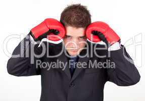 businessman with boxing gloves to his head