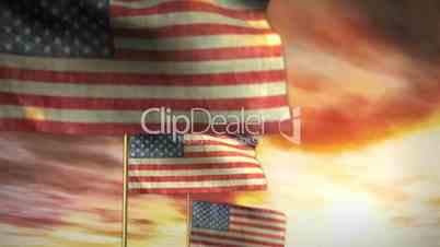 (1043) Weathered American Flags Blowing in Sunset HD Video Animation
