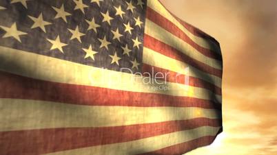(1040) Weathered American Flag Blowing in Sunset Wind Animation