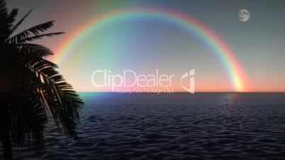 (1033) Rainbow Ocean with Full Moon Tropical Palm Tree HD Video Animation