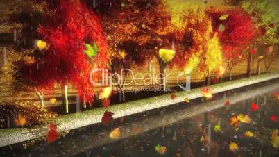 (1056) Looping Autumn City Park with falling leaves, rain and canal HD Video Animation