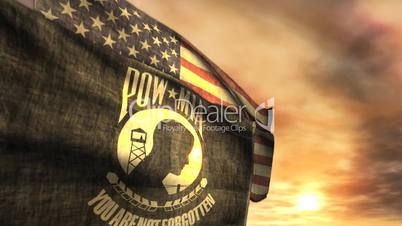 (1097) POW MIA and American Flags with Sunset