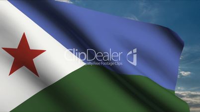 Djibouti Flag waving in wind with clouds in background