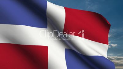 Dominican Republic Flag waving in wind with clouds in background