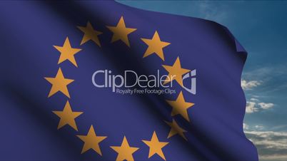 European Union Flag waving in wind with clouds in background