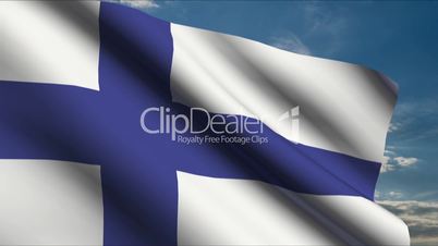 Finland Flag waving in wind with clouds in background