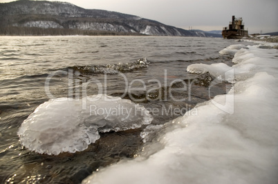 Northern, Siberian river in the winter.