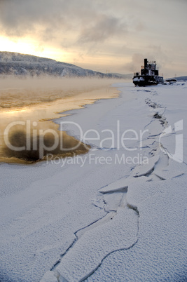 Northern, Siberian river in the winter.