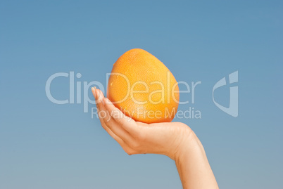 Apple grapefruit in girl's hand over blue sky
