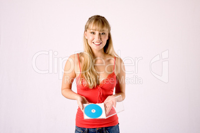 young blonde woman offers a neutral media-disc