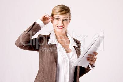 business woman with eyeglasses and business papers