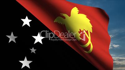 Papua New Guinea Flag waving in wind with clouds in background