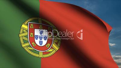 Portuguese Flag waving in wind with clouds in background