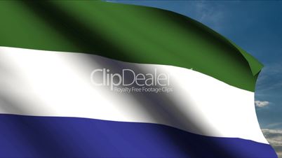 Sierra Leone Flag waving in wind with clouds in background