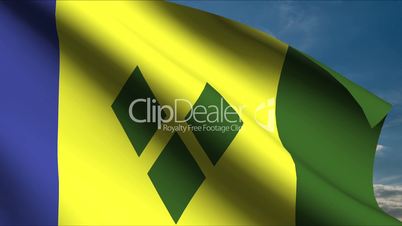 St Vincent and the Grenadines Flag waving in wind with clouds in background