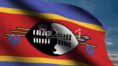 Swaziland Flag waving in wind with clouds in background