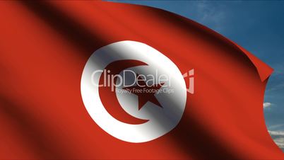 Tunisia Flag waving in wind with clouds in background