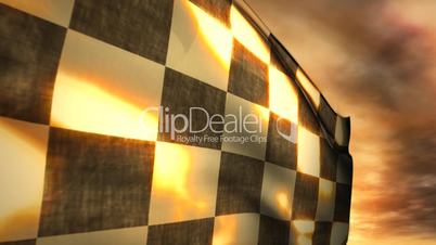 (1115) Checkered Race Flag and Sunset Blowing in Wind