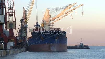 Cargo ship moving load at port