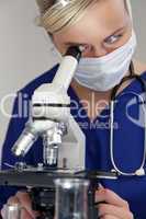 Female Scientist or Woman Doctor Using Microscope in a Laborator