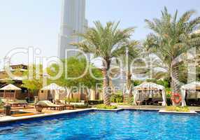 Hotel swimming pool area in Dubai downtown, UAE