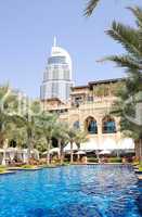 Swimming pool at luxurious hotel, Dubai downtown, UAE
