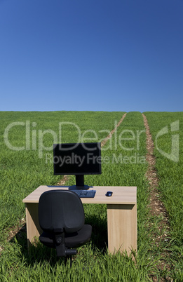 Desk and Computer In Green Field
