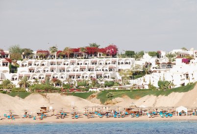 Beach of luxury hotel in Naama Bay, Sharm el Sheikh, Egypt