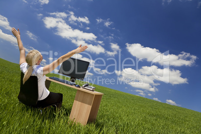 Businesswoman Using Computer In A Green Field