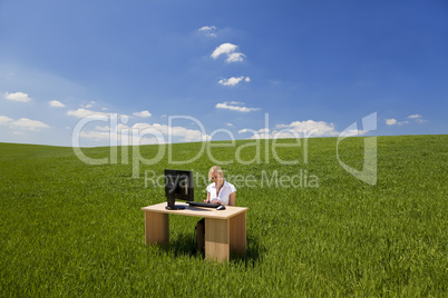Businesswoman Using Computer In A Green Field