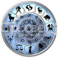 Hellblaue Horoskopscheibe mit Sternzeichen Symbolen