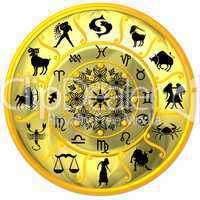 Gelbe Horoskopscheibe mit Sternzeichen Symbolen