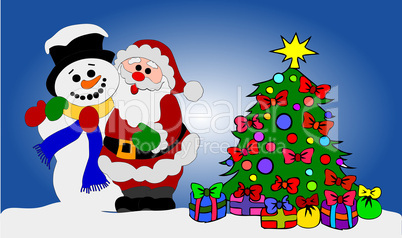 Weihnachtsmann und Schneemann am geschmückten Baum