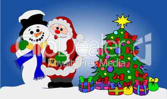 Weihnachtsmann und Schneemann am geschmückten Baum