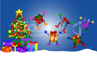 Springende Geschenke neben geschmücktem Weihnachtsbaum
