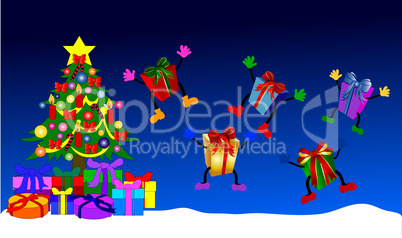 Springende Geschenke neben geschmücktem Weihnachtsbaum