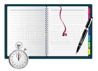 Pen, spiral notepad and stopwatch. Vector illustration.
