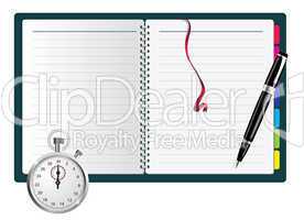 Pen, spiral notepad and stopwatch. Vector illustration.