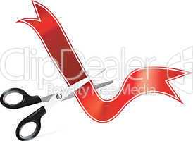 Vector art of scissors cutting ribbon in front of currency symbo